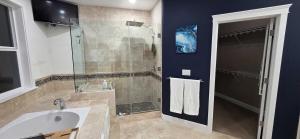 a bathroom with a sink and a shower with a glass door at Eaglemont Golf Course Peaceful Retreat in Mount Vernon +42 photos