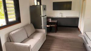 un salon avec un canapé et une cuisine dans l'établissement HUAHINE- Fare Arc-en-Ciel, à Parea