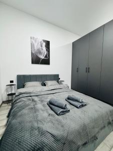 Un dormitorio con una cama grande con dos almohadas encima. en Studio Apartment центр міста Чернівці, en Chernivtsi