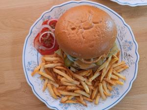 un piatto con un panino e patatine fritte su un tavolo di Tarin zov a Kaludjerske Bare Altre 27 foto
