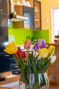 a vase filled with colorful flowers on a table at Ferienhaus Am Bodensee Mit Garten Und Terrasse in Radolfzell am Bodensee
