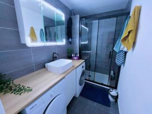ein Badezimmer mit Waschbecken und Waschmaschine in der Unterkunft Locations de Chambres Proches de Paris à Massy in Massy