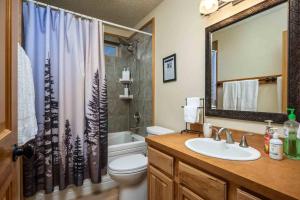 ein Badezimmer mit Waschbecken, Toilette und Dusche in der Unterkunft Alltitude Chalet in Government Camp + 39 Fotos