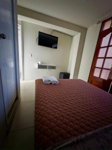 a bedroom with a bed and a flat screen tv at Habitación con Balcón Castellares La Puebla in Ayacucho +7 photos