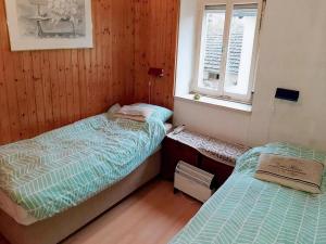 zwei Einzelbetten in einem Zimmer mit Fenster in der Unterkunft Eifel Garden Villa for Groups in Karl