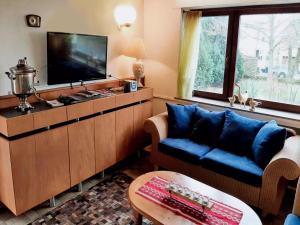 a living room with a couch and a flat screen tv at Eifel Garden Villa for Groups in Karl