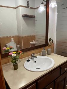 ein Badezimmer mit einem Waschbecken, einem Spiegel und Blumen in der Unterkunft Casa Brisa Marina in Puertito de Güímar + 37 Fotos