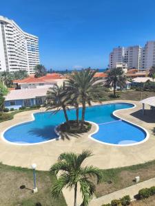 Una vista aérea de una piscina con palmeras. en Apt with ocean view Marina Margarita residence, en Porlamar