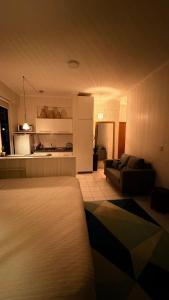 Una sala de estar con un sofá y una cocina. en Studio Caxambu MG, en Caxambu