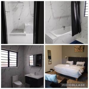 un collage di immagini di un bagno con un letto e una vasca da bagno di The Two Colonies Vacation Rental Homes a Lusaka