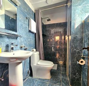 a bathroom with a toilet and a sink and a shower at Sagarmatha Apartment Hotel in Pātan +57 photos