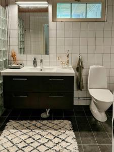 un bagno con lavandino, WC e specchio di House With Forest And Beachside Location In Åhus ad Åhus Altre 25 foto