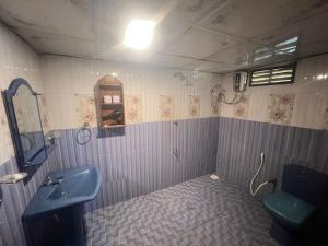 a bathroom with a blue sink and a toilet at Mango paradise sigiriya in Dambulla