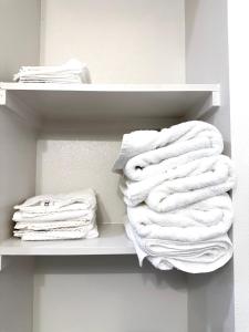 a bunch of towels sitting on shelves in a closet at Contemporary Comfort Near The Woodlands in Spring