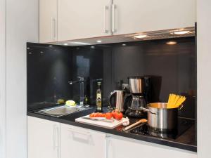a kitchen with a counter with a sink and a stove at Adagio Paris 19ème Cité de la Musique in Paris