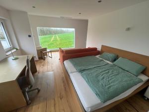 une chambre avec un lit, un bureau et une fenêtre dans l'établissement Zeitlberg Panoramawohnung mit PRIVAT SPA, à Zeitlarn 37 autres photos