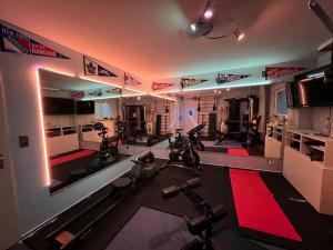 - une salle de sport avec des tapis de course et des vélos dans l'établissement Zeitlberg Panoramawohnung mit PRIVAT SPA, à Zeitlarn