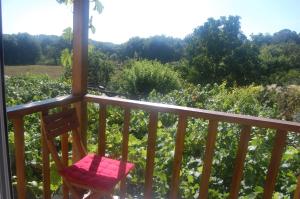 a chair sitting on a balcony looking out at a vineyard at Casa de las Flores Sober Ribeira Sacra in Sober