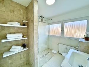 Un baño con lavabo, inodoro y ventana. en Basilisk Homes - in Grenzach-Wyhlen bei Basel - 4 x Moderne Fewos je 1bis2, 1bis4 oder 1bis6 Pers mit Küche und Balkon oder Terrasse - Parkplätze vorhanden, en Grenzach-Wyhlen 69 fotos más