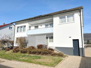 a white house with a black door on a street at Basilisk Homes - in Grenzach-Wyhlen bei Basel - 4 x Moderne Fewos je 1bis2, 1bis4 oder 1bis6 Pers mit Küche und Balkon oder Terrasse - Parkplätze vorhanden in Grenzach-Wyhlen