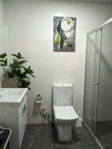 Un baño con inodoro, lavabo y un cuadro. en Двухкомнатная кватира с видом на горы, en Batumi 25 fotos más