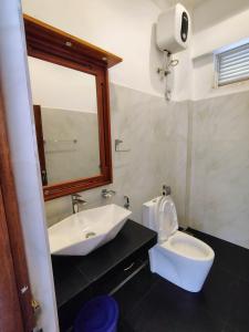 une salle de bain avec un lavabo et des toilettes dans l'établissement Sinharaja Tea Garden Hotel, à Rakwana