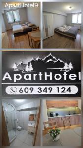 un collage de photos d'une chambre et d'une pièce dans l'établissement ApartHotel9, à Bystrzyca Kłodzka