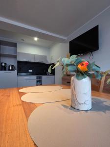 - un salon avec un vase et une plante dans l'établissement ApartHotel8, à Bystrzyca Kłodzka