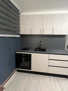 eine Küche mit weißen Schränken und einem schwarzen Geschirrspüler in der Unterkunft Villa Apartments Mirela in Vlasic + 23 Fotos