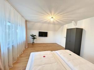 a room with a bed and a large window at Basilisk Homes - in Grenzach-Wyhlen bei Basel - 4 x Moderne Fewos je 1bis2, 1bis4 oder 1bis6 Pers mit Küche und Balkon oder Terrasse - Parkplätze vorhanden in Grenzach-Wyhlen