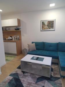 un salon avec un canapé bleu et une table basse dans l'établissement Z apartment, à Trnovo