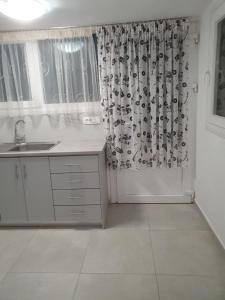 eine Küche mit einem Waschbecken und einem Duschvorhang in der Unterkunft Fira Heart Studios in Santorin
