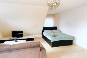 a bedroom with a bed and a couch and a tv at Deluxe Apartment Diamond in Friedrichshafen