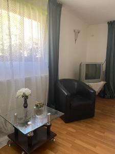a living room with a black leather chair and a table at Viki house in Hurez
