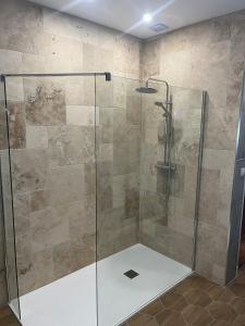 une douche avec une porte vitrée dans une salle de bain dans l'établissement Gîte de Monplaisir, Pomarez, à Pomarez