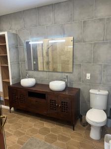 une salle de bain avec deux lavabos et un WC dans l'établissement Gîte de Monplaisir, Pomarez, à Pomarez 19 autres photos