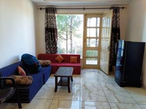 sala de estar con sofá y TV grande en Bonfire, Barbecue, Snow, Private 2BHK Barog near Solan, en Barog