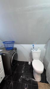 a bathroom with a toilet and a washing machine at Loft Private Studio -- Washer and Dryer -- Near Boston Transit in Malden +1 photo
