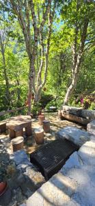 a park with a bench and tables and trees at Vikendica GORSKI VUK Jelovica in Berane