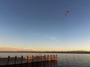 Un groupe de personnes debout sur un quai dans l'eau dans l'établissement Hagnau, Irseer Hof, à Hagnau am Bodensee