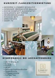 a collage of images of a bedroom and a living room at Self Check-in-Kostenfreier Parkplatz-Ruhig&Modern-Balkon in Niedernberg