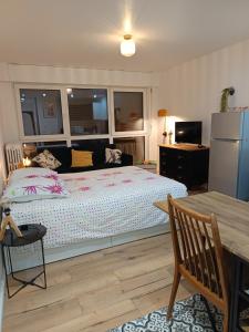 a bedroom with a bed and a table and a refrigerator at Le studio Amos in Metz