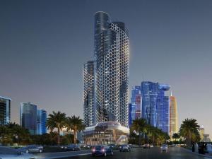 una representación de un edificio alto en una ciudad en Swissôtel Corniche Park Towers Doha, en Doha