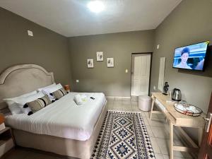 ein Schlafzimmer mit einem großen Bett und einem Fernseher in der Unterkunft Grand Inn Hotel-Venda in Thohoyandou + 18 Fotos