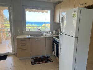 a kitchen with a white refrigerator and a window at Beachfront Bliss Polychrono in Polychrono +9 photos