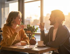 un hombre y una mujer sentados en una mesa bebiendo café en Appartement mit Garten, en Sauerlach