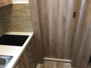 a kitchen with a sink and a wooden wall at Apartment Šárka in Strupčice