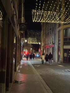 una strada con luci di Natale e gente che cammina per strada di Le Belvedere Cathédrale a Metz