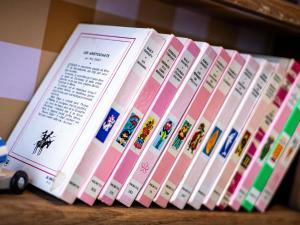 einen Stapel Bücher, die auf einem Regal sitzen in der Unterkunft greet Hotel Reims Tinqueux in Reims