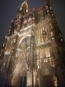 un grand bâtiment avec une tour d'horloge la nuit dans l'établissement Entre 2 Rives Strasbourg-Kehl, à Kehl